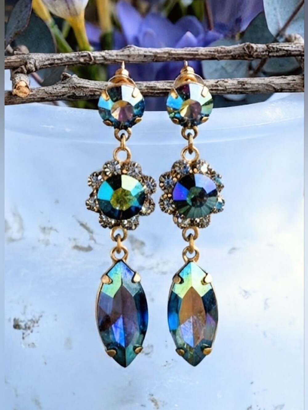 Impressive Mettalic Cobalt  Blue Flower Crystal In Tiered Gold Plated Earrings
